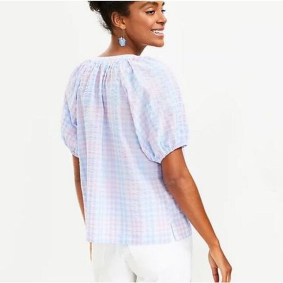 NWT LOFT Large Petite Blouse Puff Sleeve Gingham Pastel Blue Pink LP Tie Spring - Picture 3 of 16
